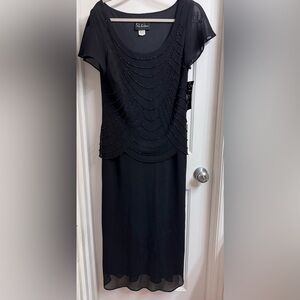 S.L. Fashions Black Beaded Chiffon Maxi Cocktail Dress, NEW with Tags, Size 12